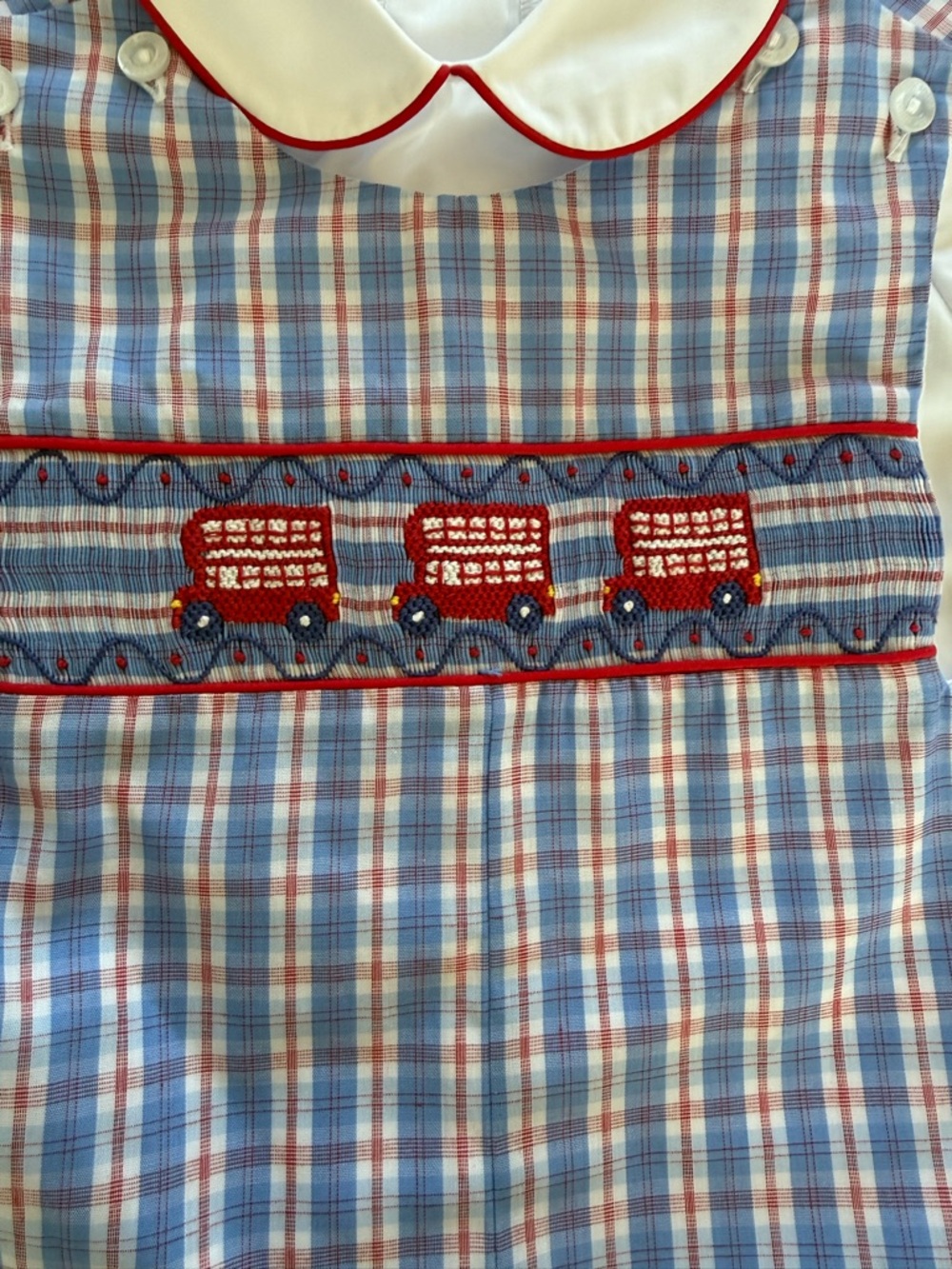 Little English Blue and Red Plaid Smocked Train Shortall - Picture 2 of 5